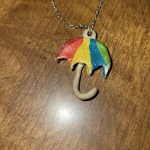 Vintage Umbrella Pendant Necklace Rainbow Color Hand Painted Novelty Charm Retro